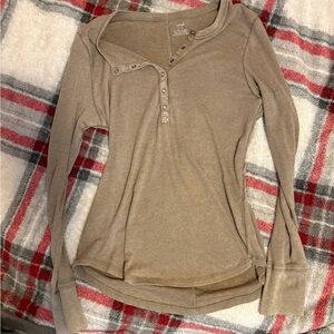 aerie Taupe Waffle Henley Long Sleeve Top
